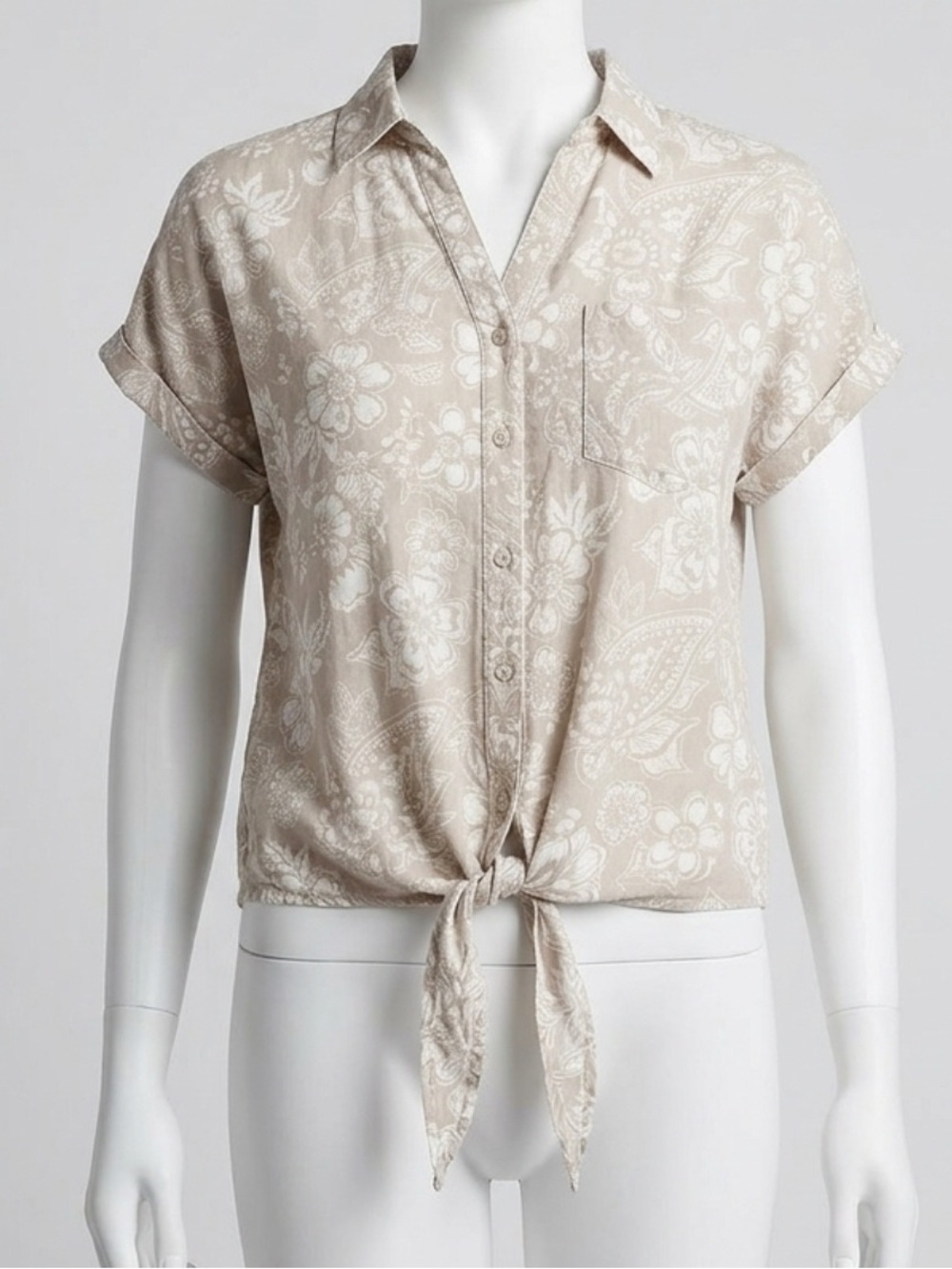 Emily Daniel’s Tie-Front Button Down Shirt in Light Beige Floral